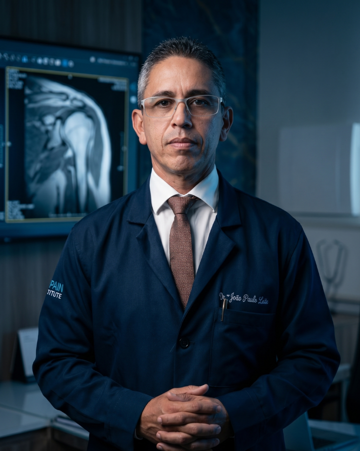 Retrato do Dr. João Paulo Leite com exame de imagem de ombro ao fundo